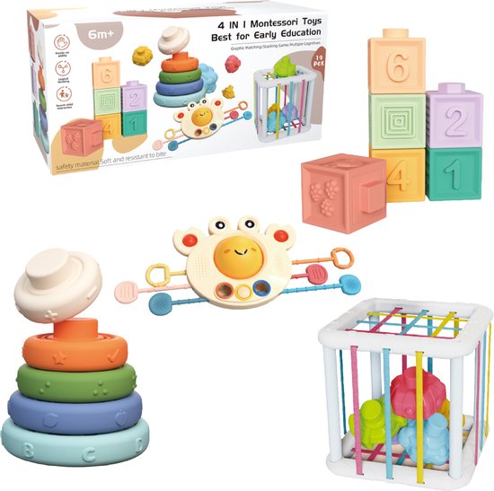 360 Toys® - Baby Speelgoed 6 maanden - 4 in 1 set - Speelgoed 1 Jaar - Stapelstenen - Bijtketting - Trekkoord Baby - Vormenstoof - 0 tot 4 jaar - Babyspeelgoed 0 Jaar - Montessori Speelgoed - Baby Speelgoed