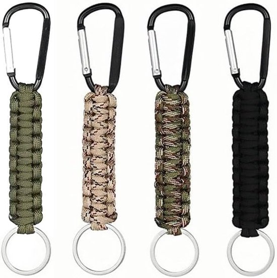 4 stuks sleutelhangers met karabijnhaak- gevlochten koord- karabijnhaak voor sleutels- outdoor- kamperen- wandelen- zwart- oranje- camouflage