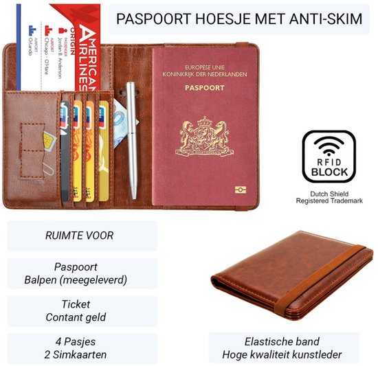 Luxe style RFID Paspoort hoesje Anti Skim - Paspoorthouder Cognac Bruin