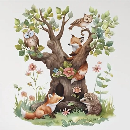 Muursticker 'Boom met Vosjes en Uilen' - Sprookjesboom - Dieren - 49x57cm - Babykamer - Kinderkamer - Zelfklevend PVC