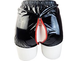 BamBella® Erotische Shorts - Maat L/XL - Wetlook korte broek Dames - Zwart Datex mix latex en stof Open kruis rits Sexy BDSM kleding