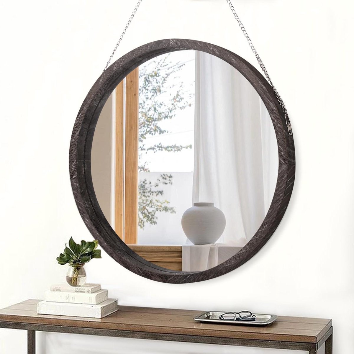 - Ronde wandspiegel houten frame voor badkamer en slaapkamer - Decoratieve make-up spiegel voor entree en woonkamer