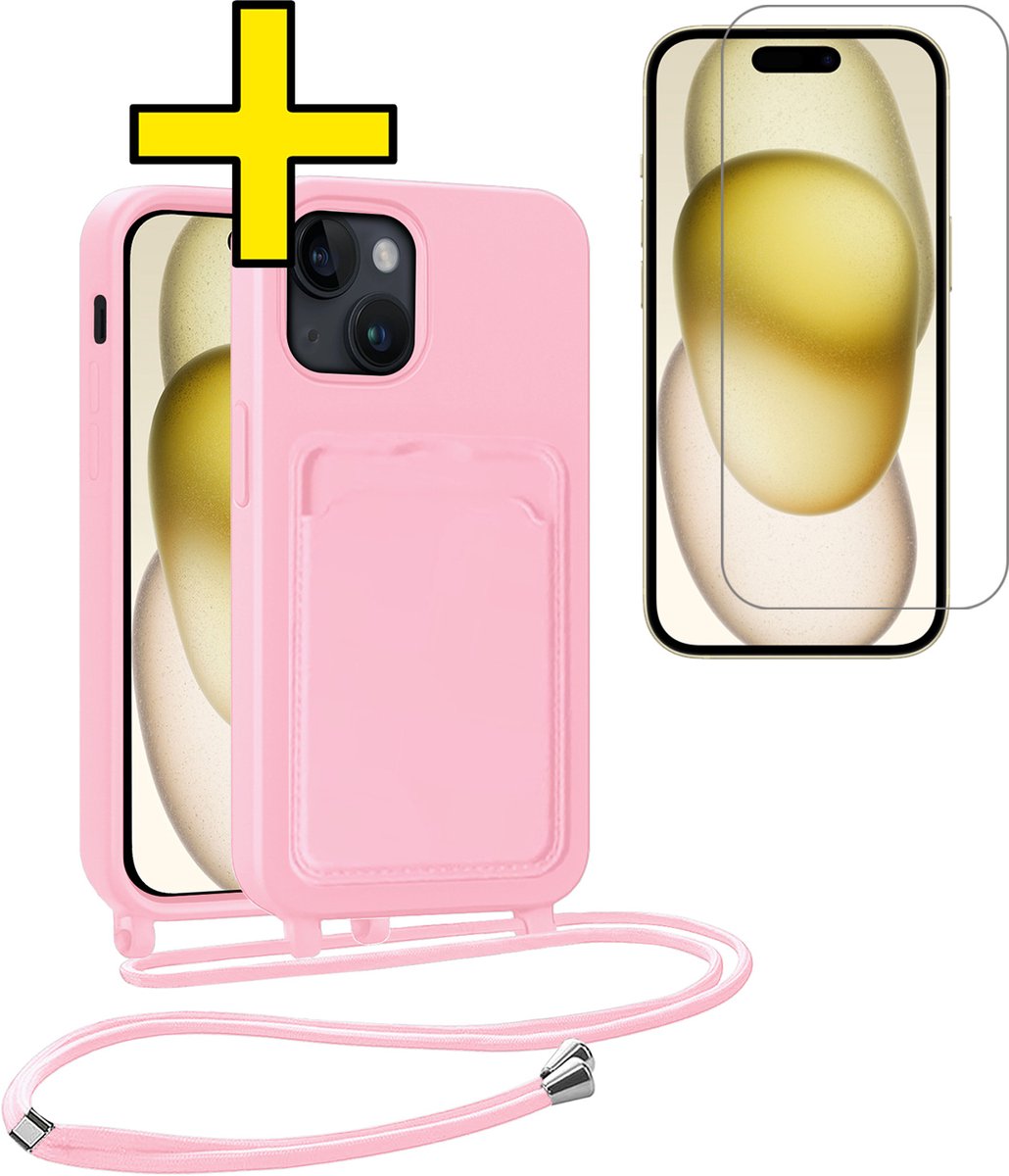 Hoesje Geschikt voor iPhone 15 Plus Telefoonhoesje Met Koord Case Pashouder Met Screenprotector Siliconen - Hoes Geschikt voor iPhone 15 Plus Hoesje Met Kaarthouder - Lichtroze