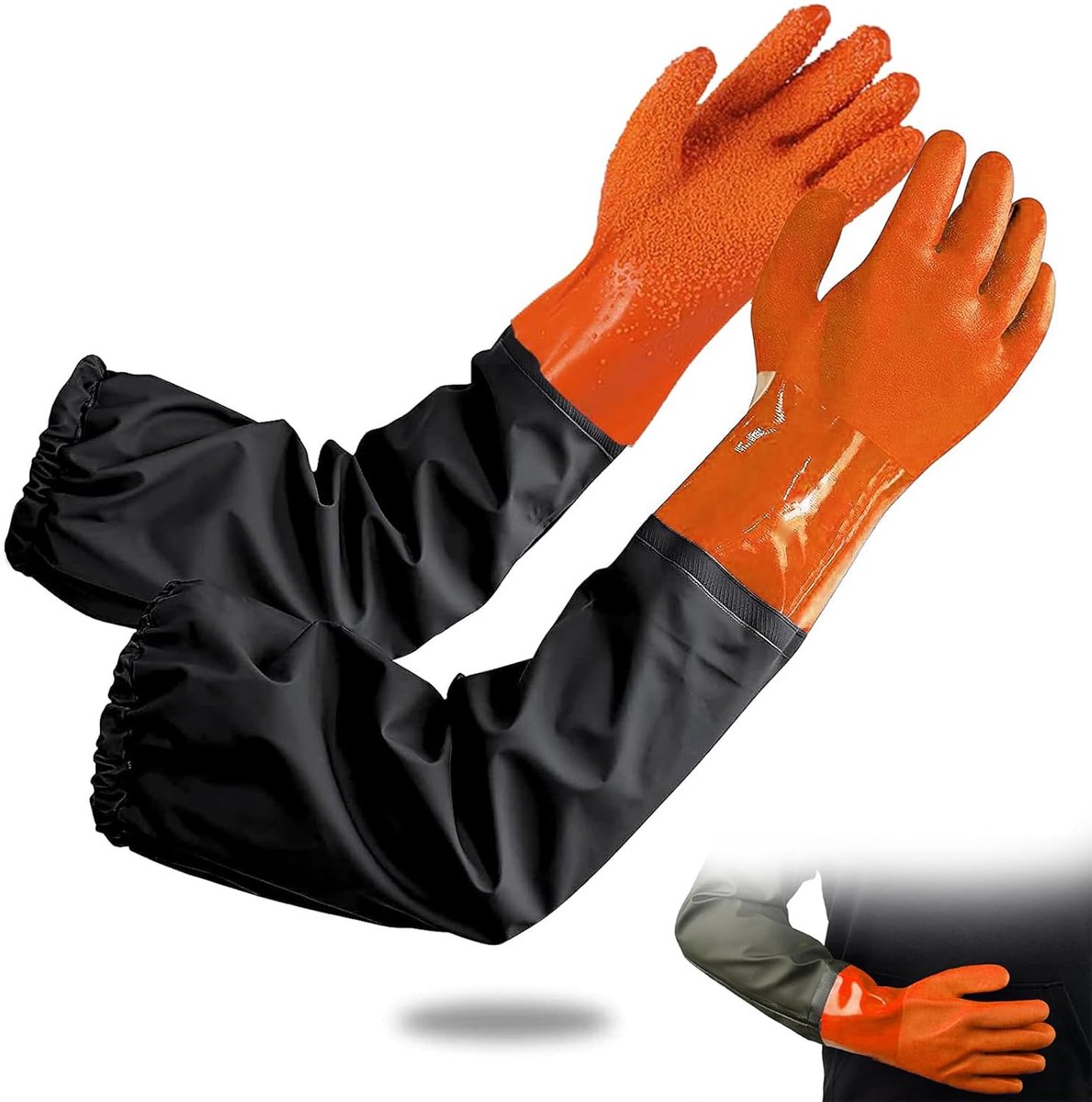 70cm Pond Cleaning Gloves - Waterproof Rubber Gloves - Long Aquarium Gloves - PU Sand Blasting Work Gloves - Orange