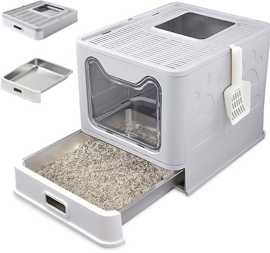 Bac à litière pour chat en acier inoxydable avec couvercle – Bac à litière pliable et fermé avec tiroir – Sans odeur, étanche et facile à nettoyer – Double entrée/sortie – Toilettes pour chat avec pelle (38,3 × 51 × 41 cm) – Grijs