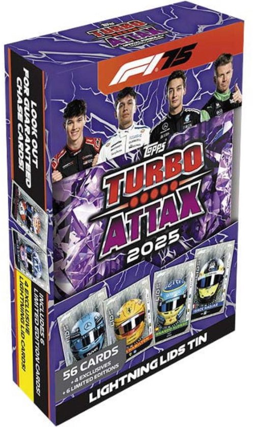 Turbo Attax Formule 1 2025 – MEGA TIN Lightning Lids of Shake Down | 60 Kaarten + 6 Limited