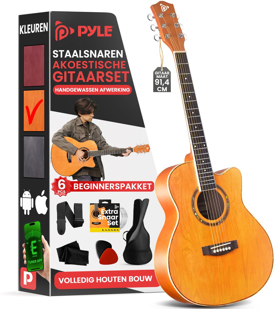 Pyle Akoestische Gitaarset - 3/4 Maat Gitaar- 6 Stalen Snaren -met Gigbag, Tuner, Reserve Snaren, Plectrums, Riem – Beginners/Kinderen – Rechtshandig