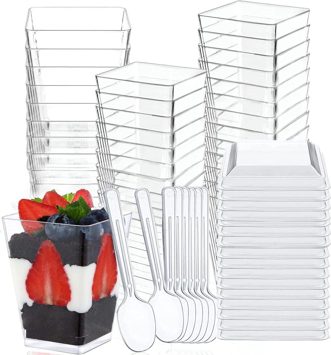 Allecto Premium - Herbruikbare plastic dessertbekers met deksel - Set van 50 stuks - 150-160 ml - Feestelijke dessertschaaltjes
