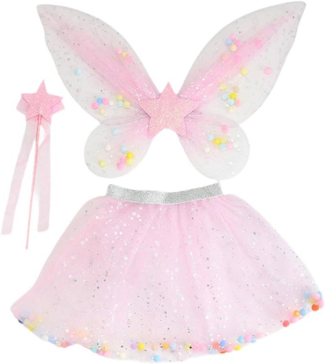 Joya Kids® Tuin Vlinder Fee Verkleedset voor Meisjes | Fëen Tutu verkleedkleding | Prinsessencape | Cape Set | Unicorn | Meisje Verkleedset | Carnvalskleding Halloween Meisjes | Met Haarband, Staf, Vleugels en Tutu | Licht Roze — afbeelding 6