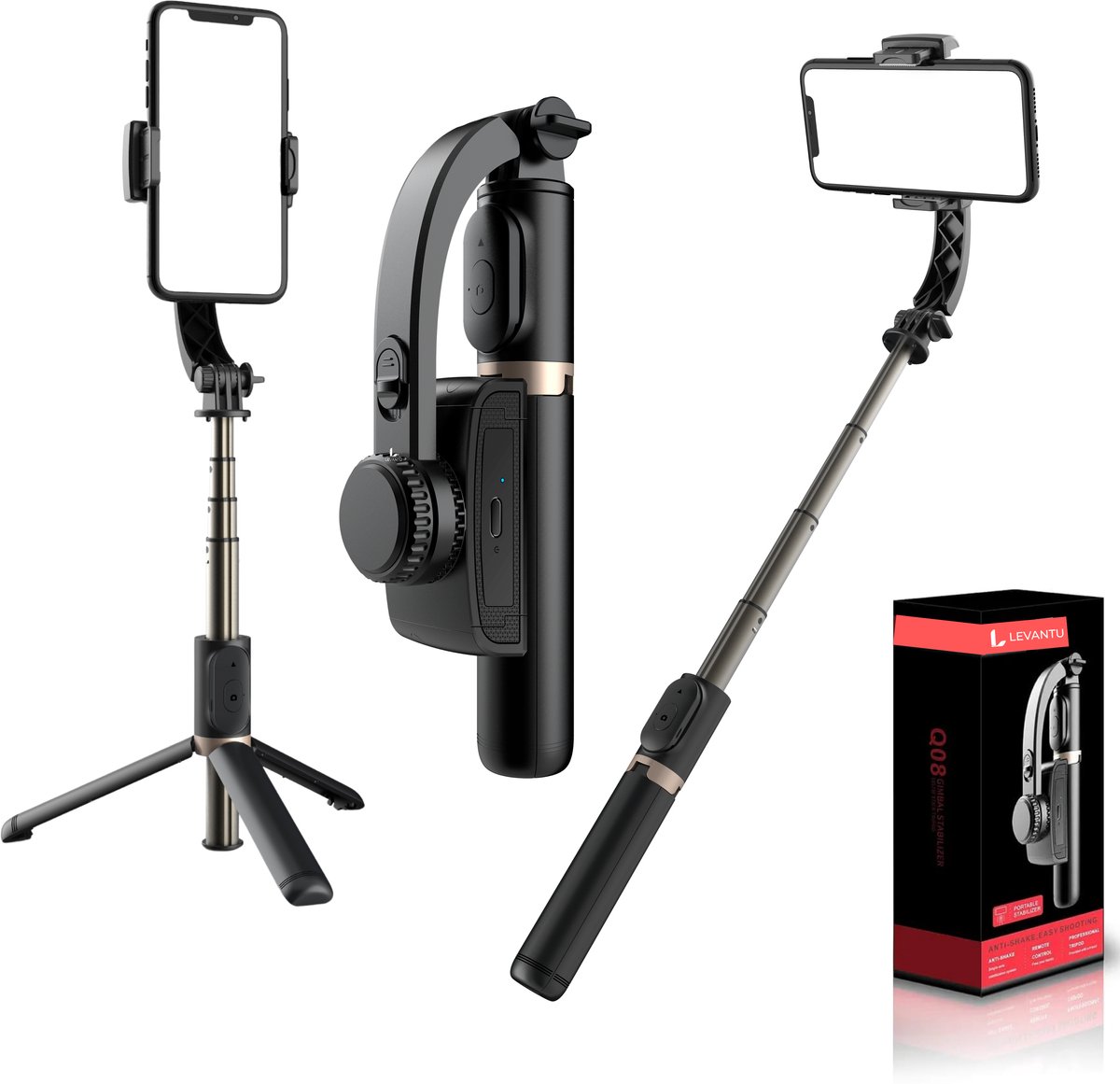 Bol.com LEVANTU Gimbal Stabilisator voor Smartphone - Selfiestick - telefoonstatief - met Afstandsbediening - Tripod - Zwart aanbieding