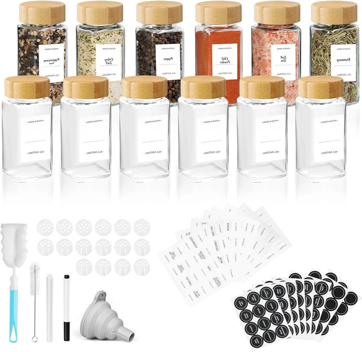 Kruidenpotjes Rechthoekig 120 ml Bamboe Deksel Kruidenpotjes met Strooi-inzetstuk - Set van 12stuks