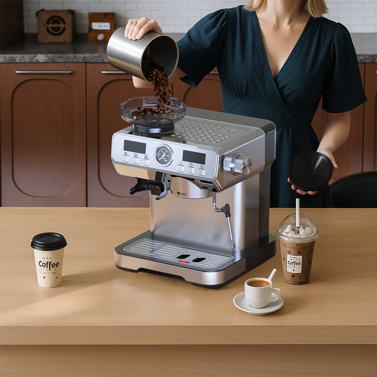 Bresco® Barista Espressomachine – Pistonmachine met Koffiemolen – RVS Koffiemachine melkopschuimer – Bonenmaler – Brushed Stainless Steel — afbeelding 6