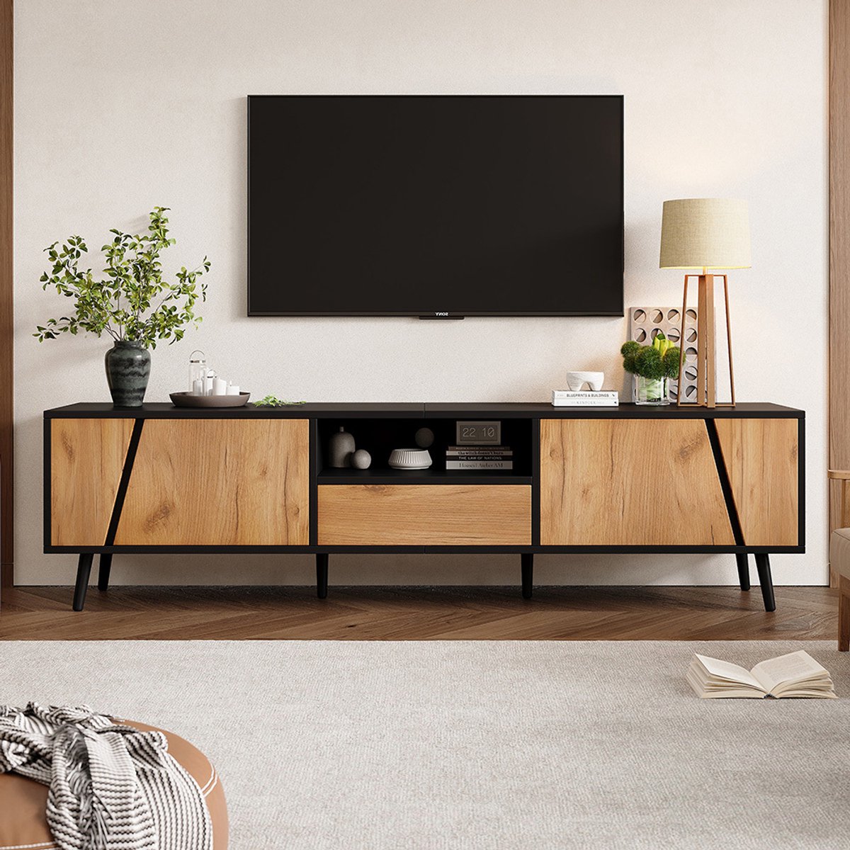 Pugsdrly TV-meubel 180x40x46 cm laag met lades 2 kastjes 6 steunpoten massief hout modern minimalistisch geschikt voor 75 inch woonkamermeubel Zwart+Naturel