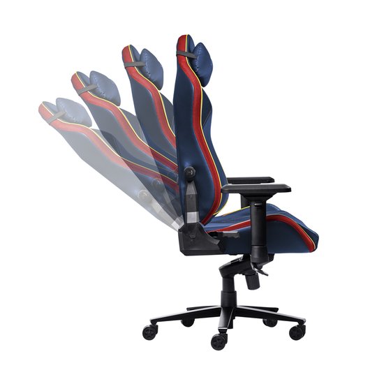 Zijprofiel van een blauwe Superman gaming stoel in verschillende leunstanden, met rode en gele accenten.