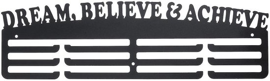 Zwarte medaillehouder met de tekst 'DREAM. BELIEVE & ACHIEVE' en ruimte voor 15 medailles.