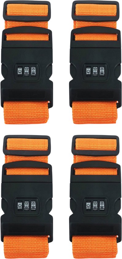 Kofferriem met cijferslot en kofferlabel - 4 stuks - Verstelbaar - Bagageriem - 200 Centimeter - Extra Beveiliging - Reizen - Oranje