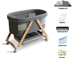 Kaëru® 3-in-1 Natuurlijk Babybed – Wieg, Losstaand Bedje & Reisbedje – Linnen-Katoen & Nieuw-Zeelandse dennenpoten – Met Matras & Koelmatje & Kussen & Muskietennet – Inklapbaar en Draagbaar – Voor Baby’s tot 36 Maanden (Max. 40 kg) – Grijs