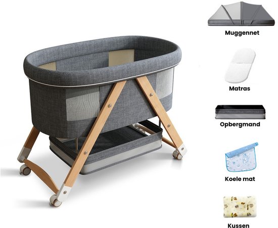 Kaëru® 3-in-1 Natuurlijk Babybed – Wieg, Losstaand Bedje & Reisbedje – Linnen-Katoen & Nieuw-Zeelandse dennenpoten – Met Matras & Koelmatje & Kussen & Muskietennet – Inklapbaar en Draagbaar – Voor Baby’s tot 36 Maanden (Max. 40 kg) – Grijs