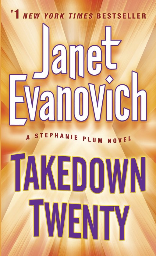 Livre 'Takedown Twenty' de Janet Evanovich, N°1 Best-seller du New York Times, avec des lettres violettes sur un fond orange lumineux.