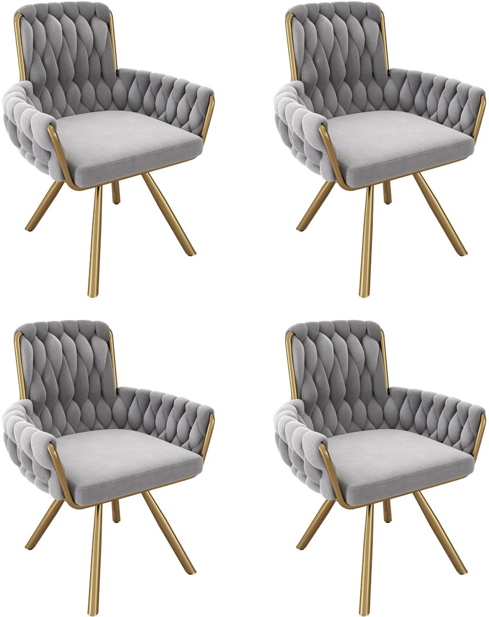 Corenia Eetkamerstoel – Set van 4 - Fluwelen Stoel – Comfortabele Stoel – Draaistoel – 360° Draaibaar – Hoge Rugleuning – Stalen Frame - Grijs