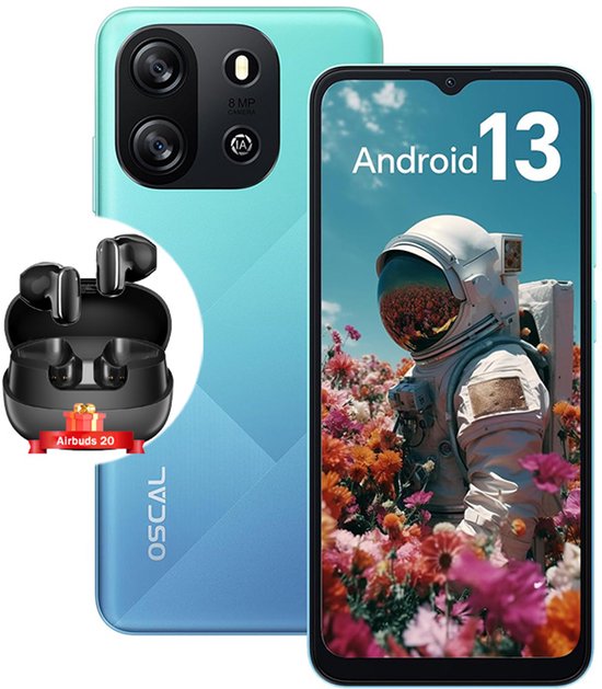Oscal Blackview Flat 1C 6.517'' 4GB+32GB-SD 1TB 8MP+5MP 4700mAh Android 13 Dual SIM Sky-dream Blue Met oortelefoon Blackview Airbuds 20