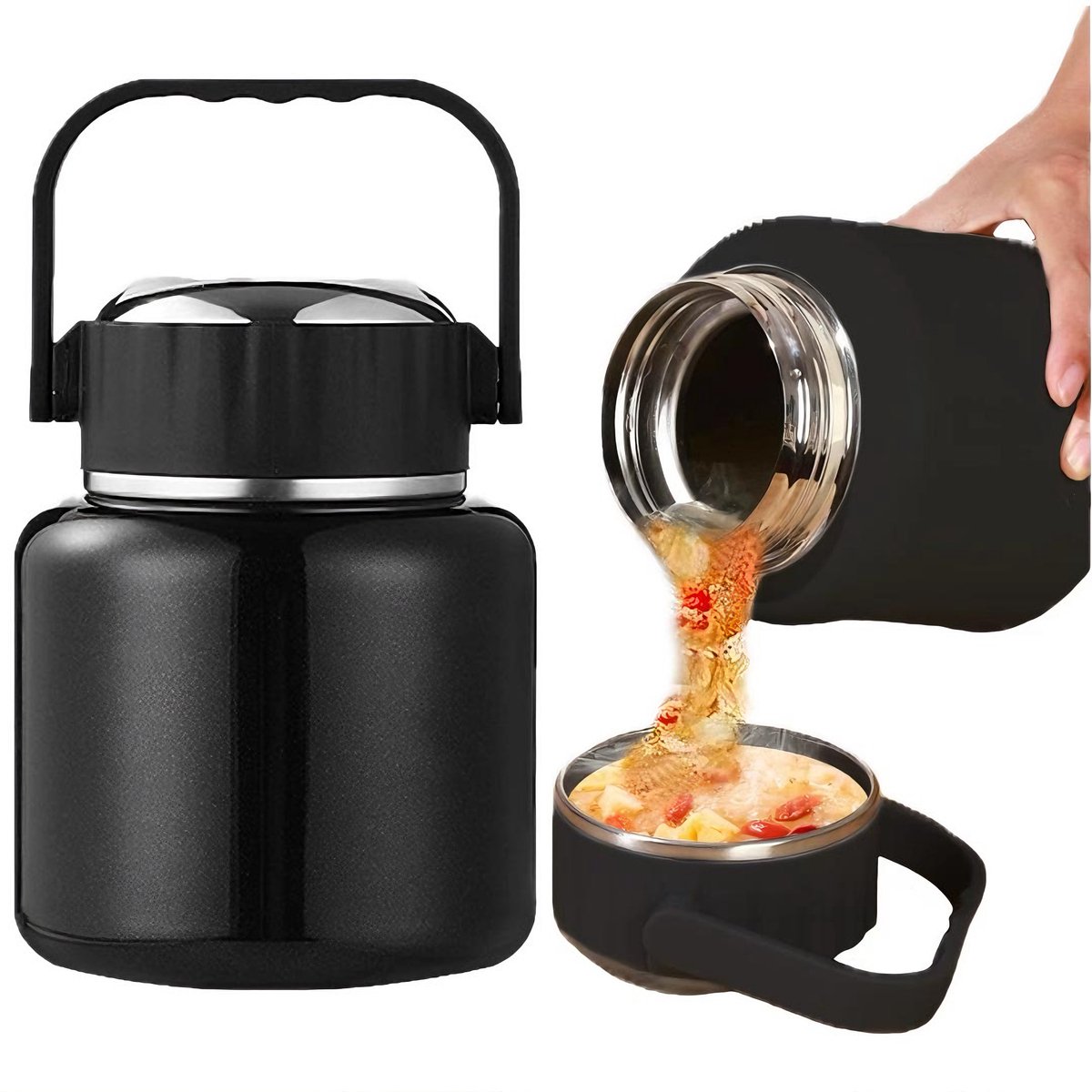 CHIWIN Thermosflask Lunchpot 900ml - 316 RVS Voedselcontainer - Warmhoudbeker Soepbeker met Opvouwbare Lepel - 24 uur Isolatie voor Soep Pap Ontbijt - Draagbaar & Lekvrij - Zwart