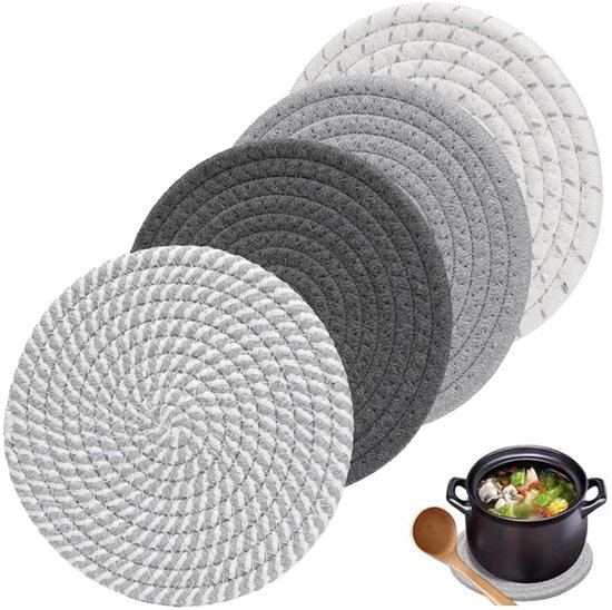 Svkiyang 4 stuks Toplappen Set Onderzetters Katoenen Weefselmat Hete Pot Houder Pannenlap, 4 Kleuren Ronde Geweven Onderzetters Pot Hete Pads Lepelstandaard voor Koken in Keuken