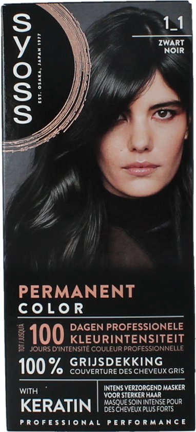 Verpakking van SYOSS Permanente Haarkleuring 1-1 Zwart Noir, met model met lang zwart haar.