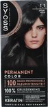 Verpakking van SYOSS Permanente Haarkleuring 1-1 Zwart Noir, met model met lang zwart haar.