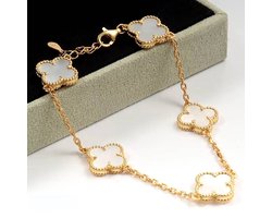 Clovier® Klaver Armband Dames Goud/Wit - Clover Bracelet Gold Plated - Goudkleurig Klavertje Vier Armbandje Vrouw - Sieraden Schakelarmband Clovier® Klaver Armband Dames Goud/Wit - Clover Bracelet Gold Plated - Goudkleurig Klavertje Vier Armbandje Vrouw - Sieraden Schakelarmband