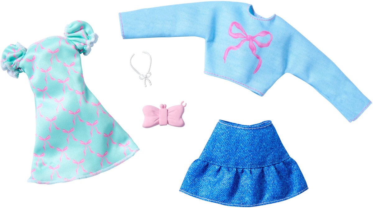 Barbie 2-Pack Kleding Outfit en Accessoires - Mooie Jurk, Spijkerrok en Blauwe trui