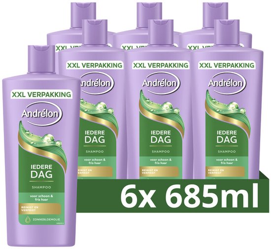 Zes flessen Andrélon Iedere Dag shampoo van 685ml in paars met groen label.