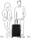 Schematische tekening van een zwarte koffer, vergeleken met twee personen van 170 cm en 180 cm lang.