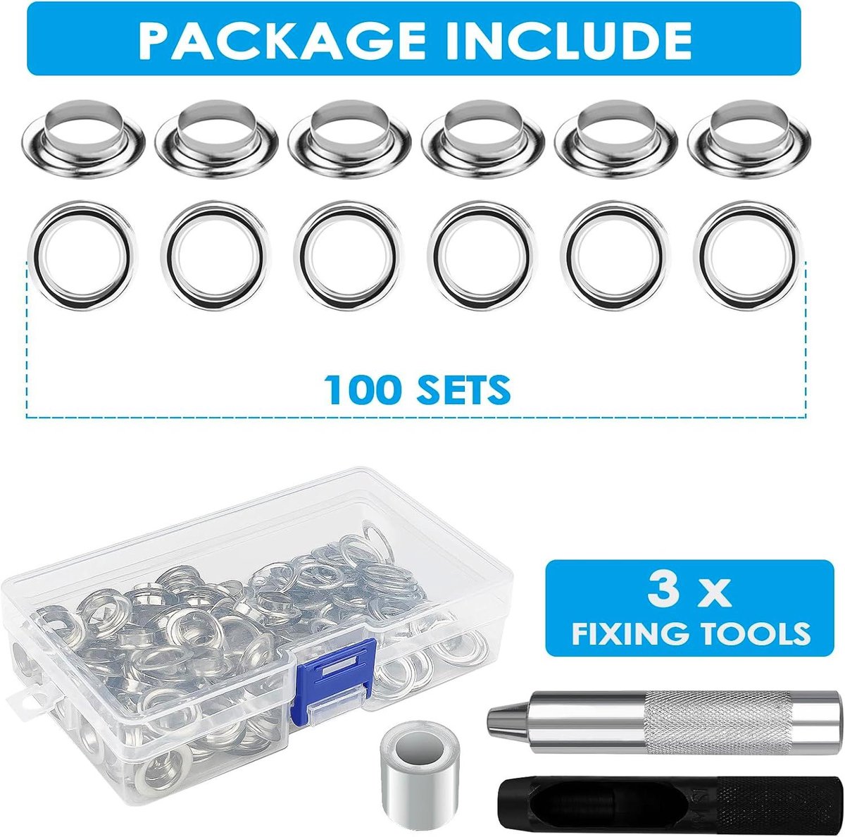 RERI 100 set 14 mm ogen set met gereedschap Silver oogtang ogen met oog instelgereedschap voor veters, kleding, rugzak, schoenleer