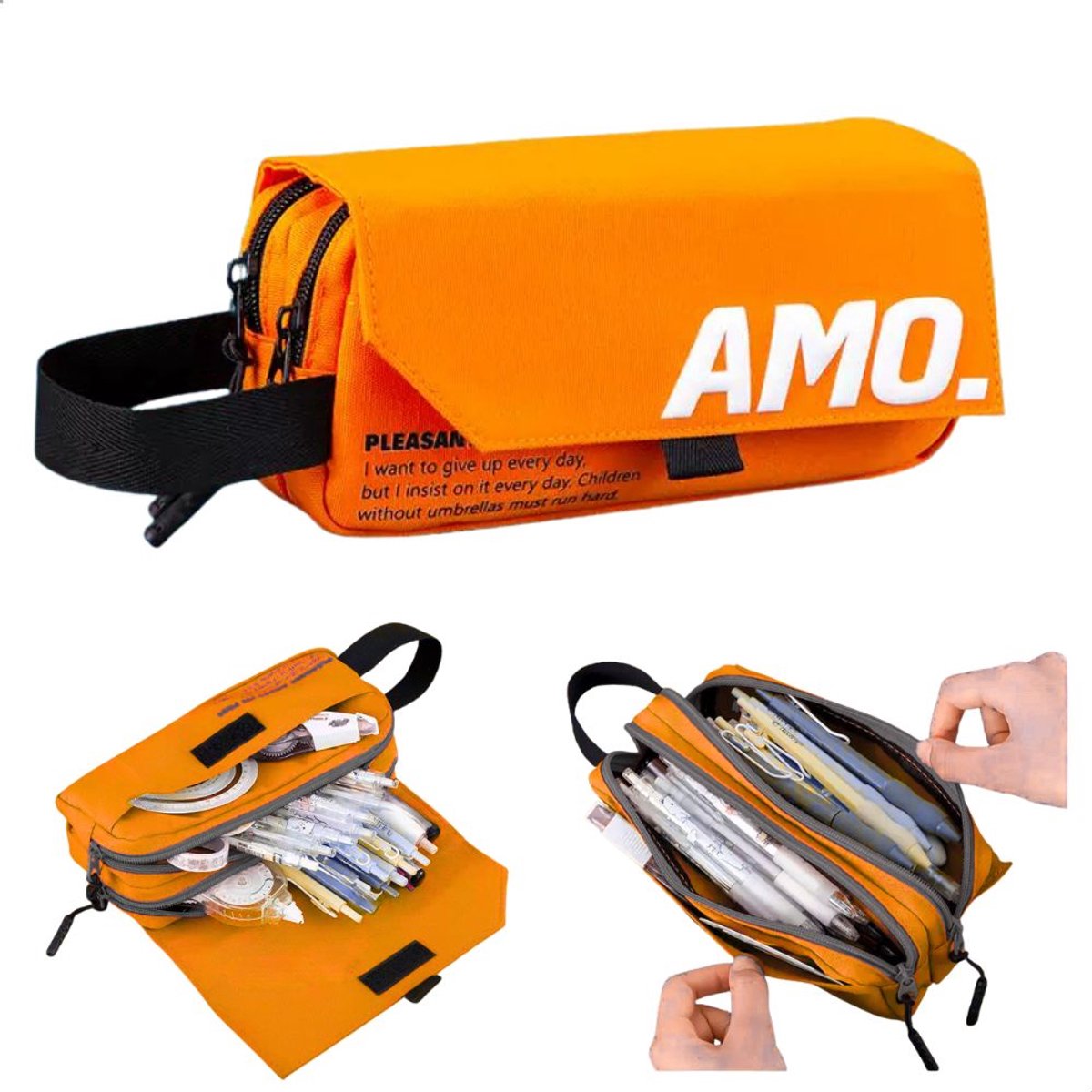 Ainy - Amour Etui Oranje | Pennezak jongens & meisjes | Opbergtas voor pennen | Middelbare schoolspullen voor kinderen | kantoorartikelen voor volwassenen | Canvas materiaal | 3 vakjes