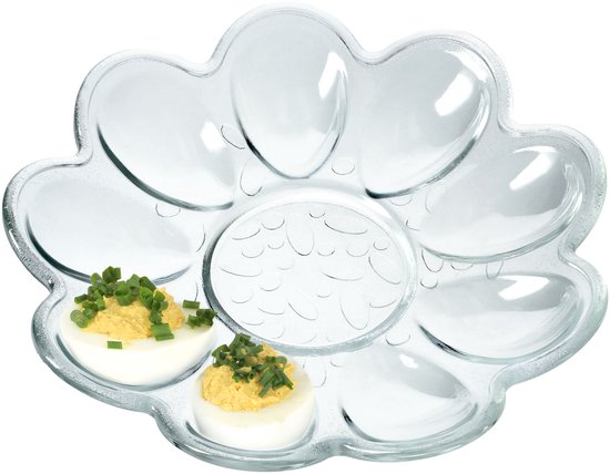 KADAX Eierborden van glas, diameter 21,5 cm, praktisch bord voor eieren, eierhouder, robuuste eierhouder, eierhouder, eierhouder, eierdispenser (bloemenvorm, transparant, 9 eieren)