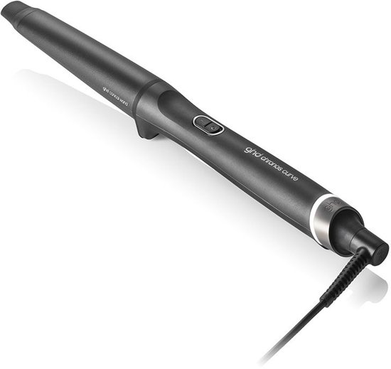 Zwarte ghd Chronos Curve conische krultang op een witte achtergrond.