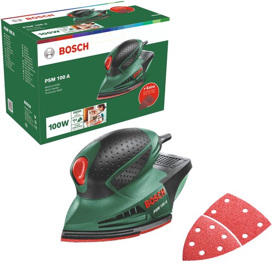 Bosch PSM 100 A multischuurmachine met verpakking en 3 schuurbladen.