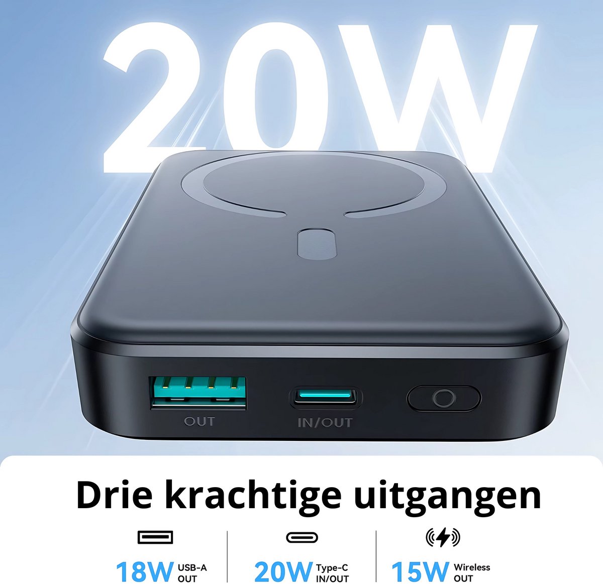 JOYROOM 10000mAh MagSafe Powerbank Draadloos Snelladen Zwart - afbeelding 2