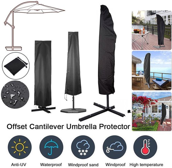 Zwarte hoezen voor zweefparasols en staande parasols, met icoontjes voor anti-UV, waterdicht, winddicht en hoge temperatuur.