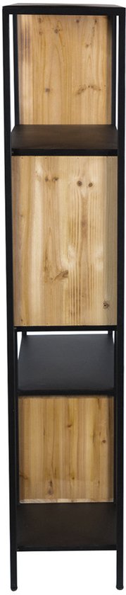 Smal staand rek met houten vakken en zwarte schappen.