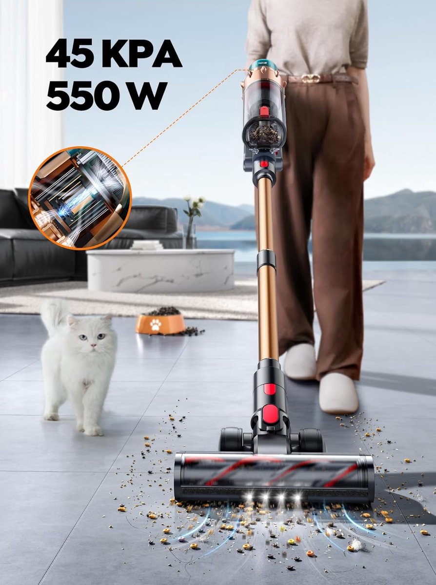 Fieety 45 kPa/60 minuten draadloze stofzuiger, 550 W, krachtig touchscreen, oplaadbaar, wandhouder, 1,5 l capaciteit, verbeterde rol, bezemstofzuiger voor tapijten, harde
