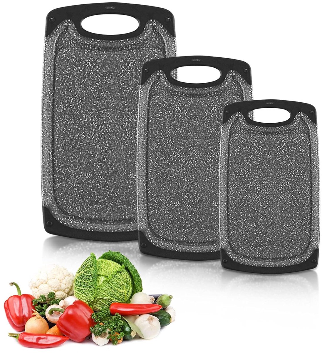 TRANKIELO® – Premium 3-delige snijplankenset met sapgoot – Vaatwasserbestendige keukenplanken – Geschikt voor vlees, groenten en fruit – Marmerpatroon design