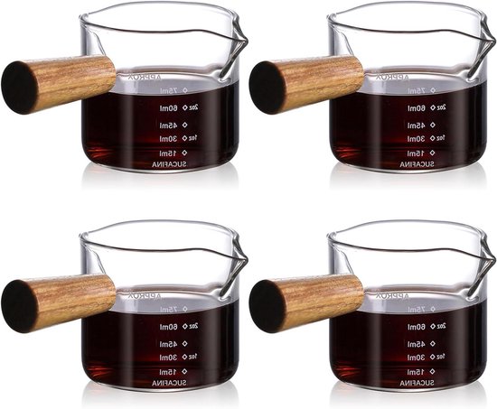 BCnmviku – Verre Doseur à Expresso 250 Ml – Bec Verseur En V, Poignée En Bois – Verre Borosilicate Résistant – Échelles Ml Et Oz - 5