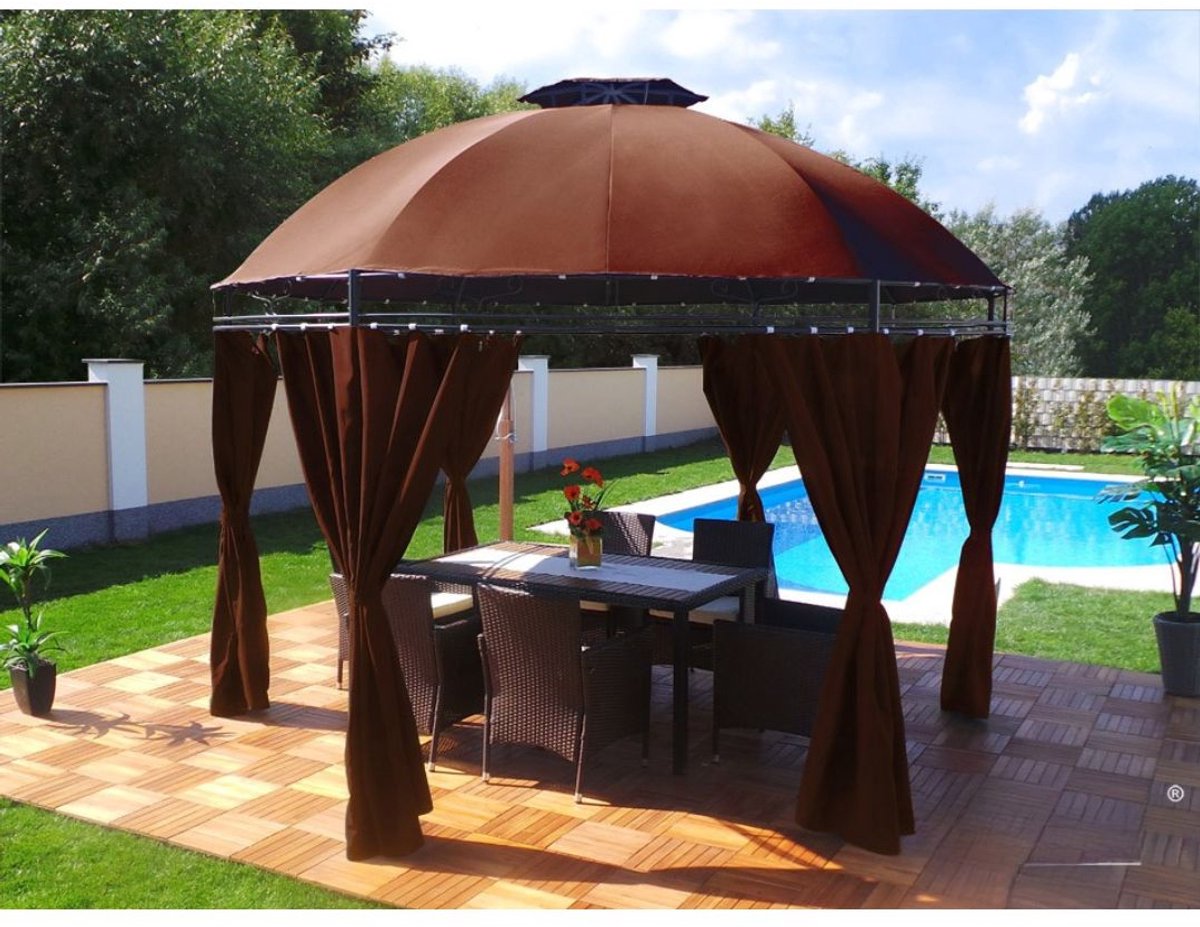 Yolo-deals - Tuin Prieel DeLuxe met LED verlichting - Solar - Rond - 350cm -UV bestendig - Bruin