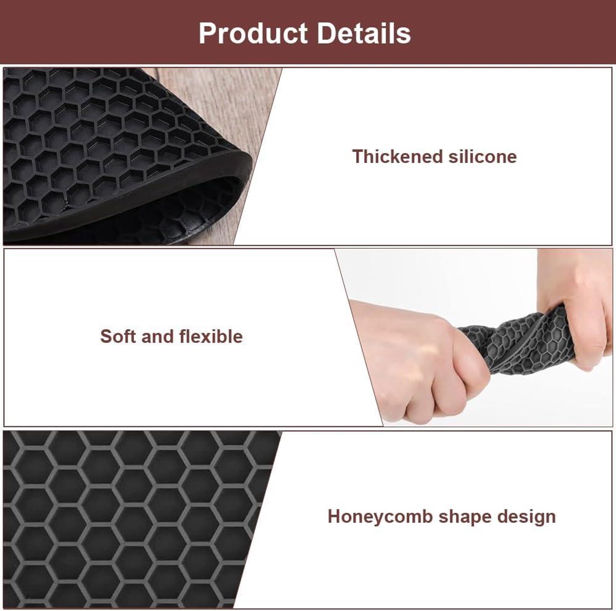 Zeynomax - Set van 4 Siliconen Onderzetters 18 x 18 cm - Antislip, Hittebestendige Onderzetters voor Pannen - Vaatwasserbestendig - Zwart