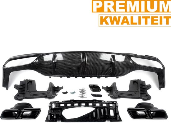 Carbon look diffuser met vier uitlaatuiteinden, montageframe en diverse schroeven.