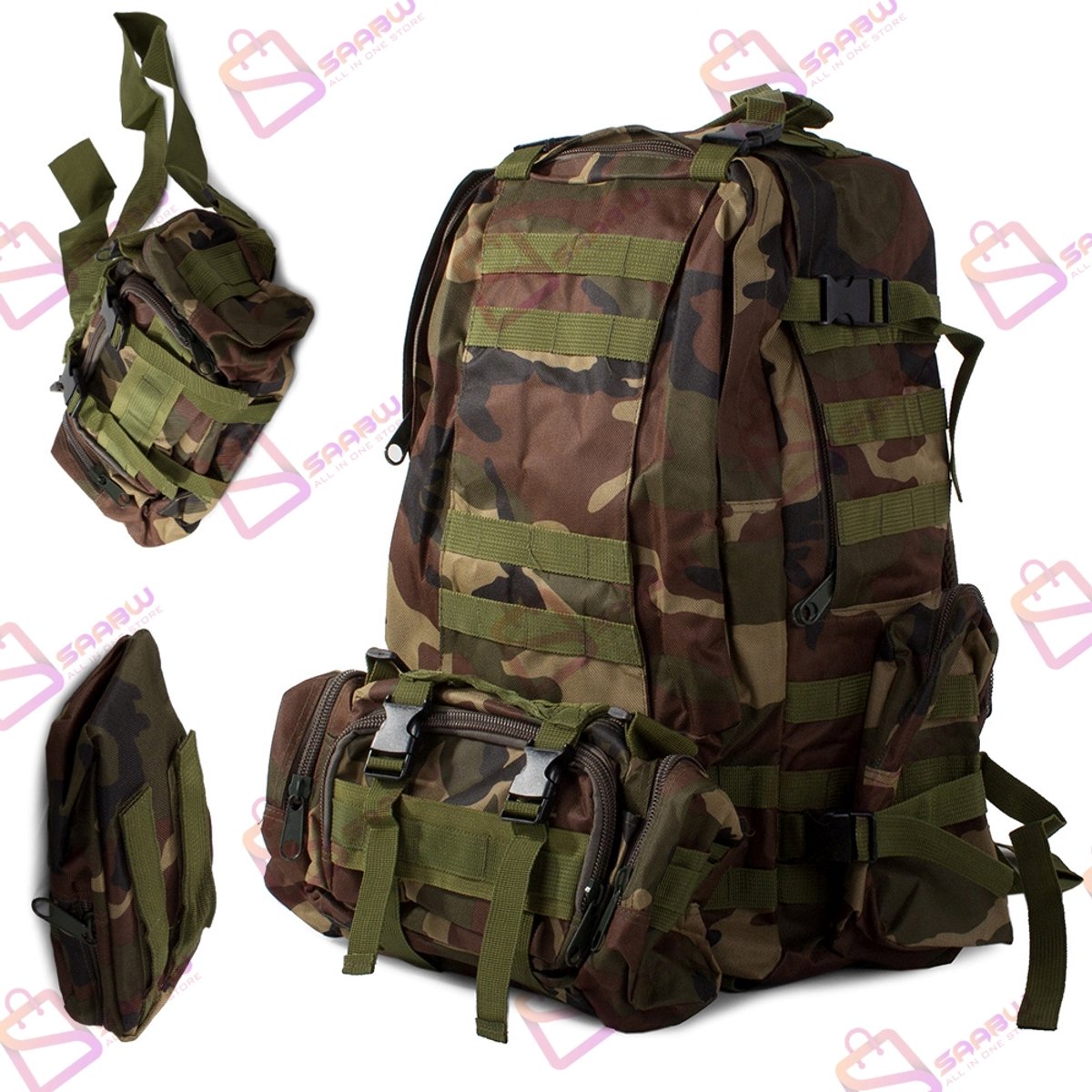 Tactische Rugzak 48,5L – Waterdicht – Molle Systeem – Survival Backpack met Afneembare Heuptas & Zijvakken – rugzak dames – rugzakken – rugzak heren –Donker Camouflage - 22536