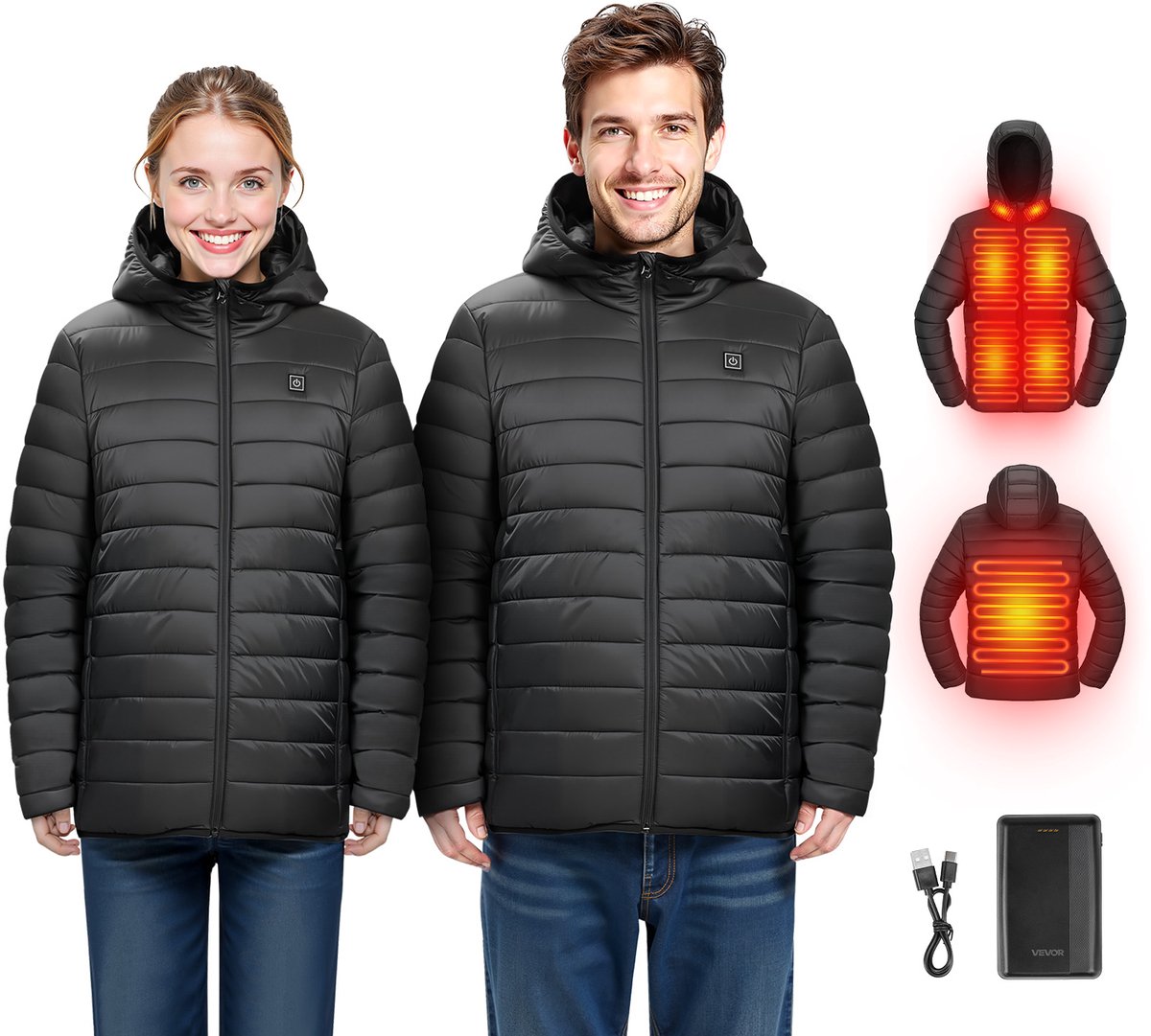 VEVOR Verwarmde Jas voor Heren met 7 4V Batterij Elektrische Softshell Verwarmde Jas Winddicht Lichtgewicht Buitenkleding met 6 Verwarmingszones en 3 Warmtestanden voor Wandelen Buitenwerk Zwart