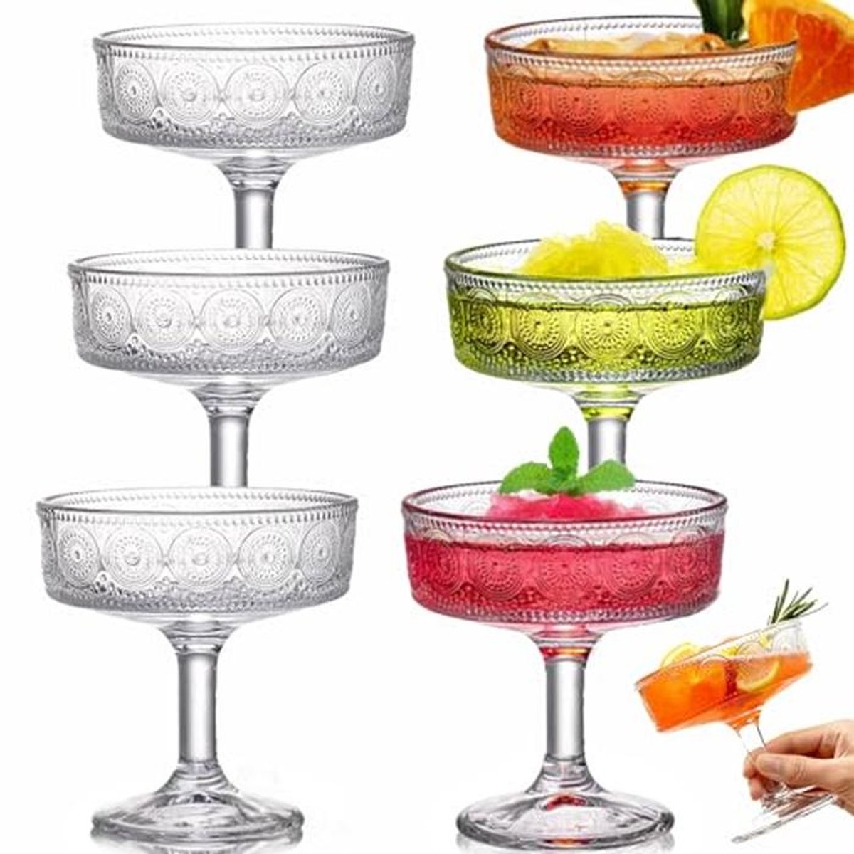 Set van 6 vintage coupe glazen voor cocktails en champagne - uniek design